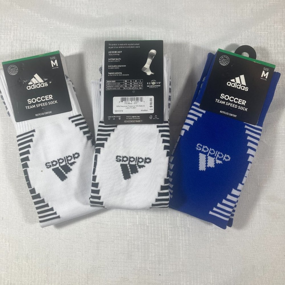 NWT Set 3 Adidas Soccer Team Speed Sock, 2 Pr. White, 1 Pr. Blue,  Sz. M